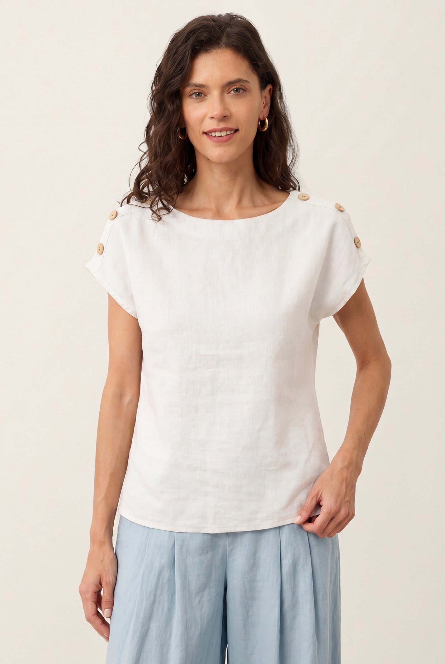 100% Linen Round Neck Button Detail Top ISABELLE by LINTICO for women