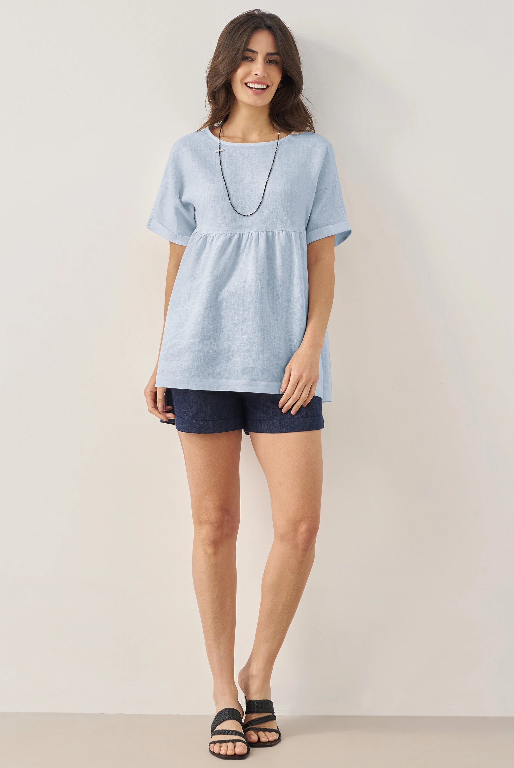 100% Linen Round Neck Pleated Pullover Top QUINLAN by LINTICO for women