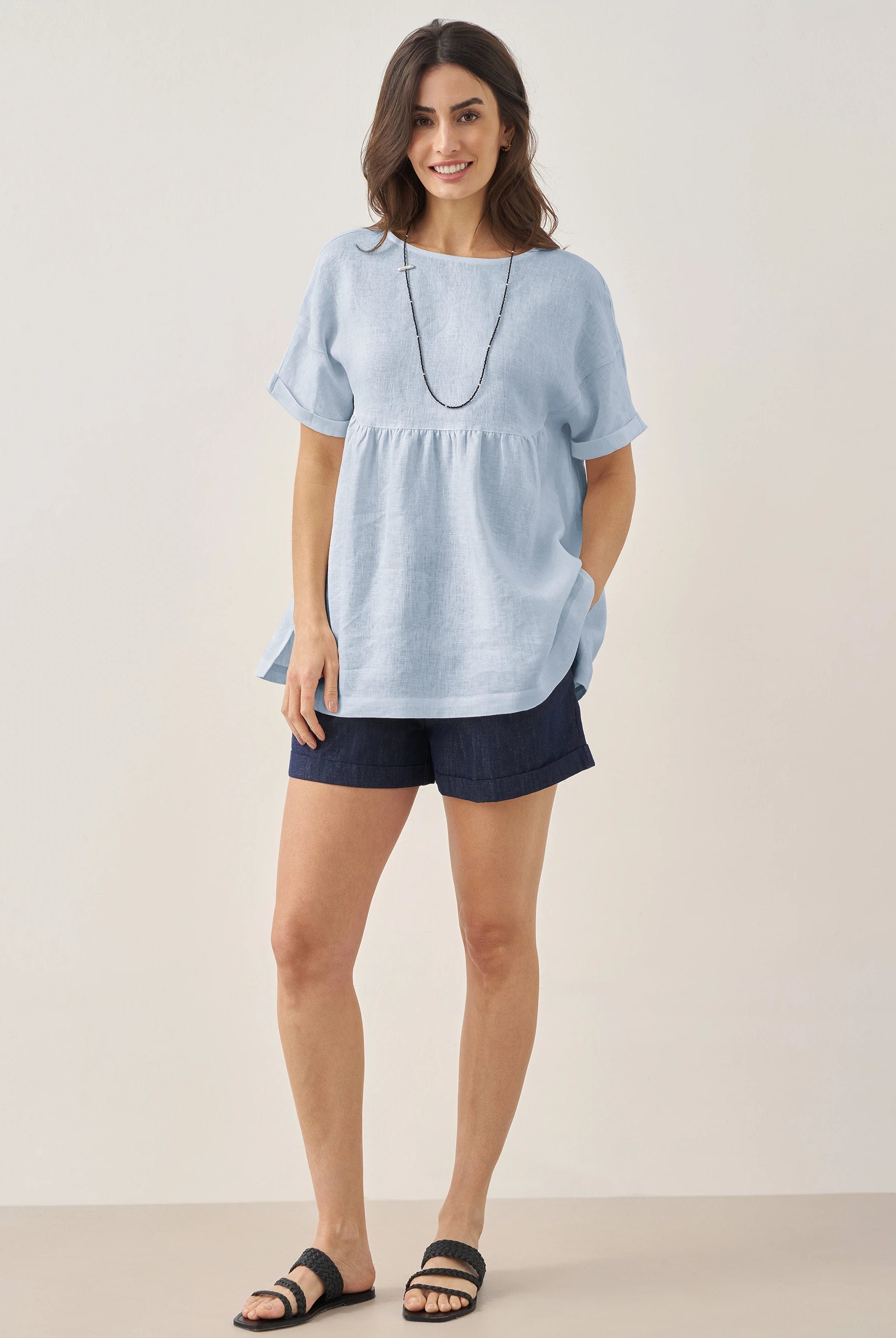 100% Linen Round Neck Pleated Pullover Top QUINLAN by LINTICO for women