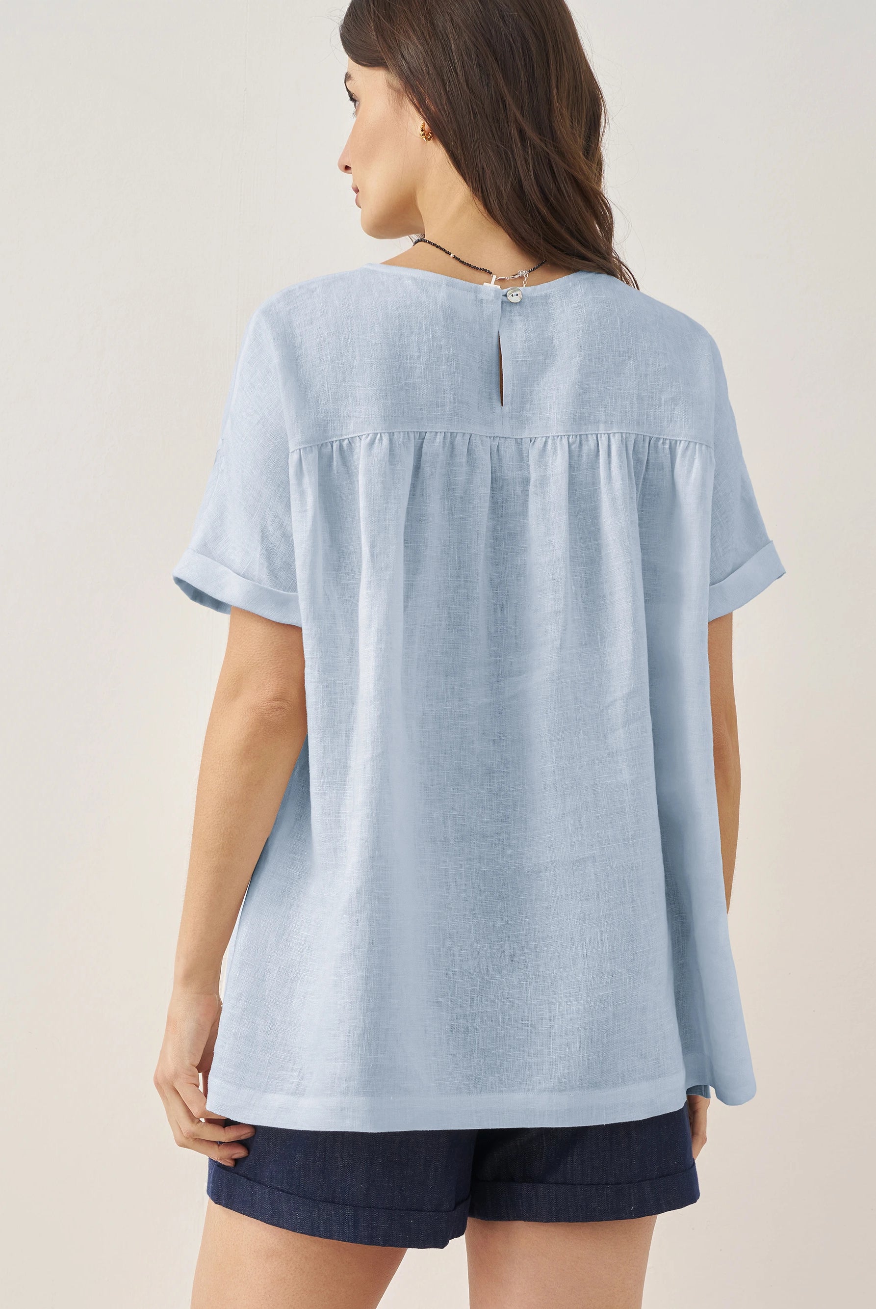 100% Linen Round Neck Pleated Pullover Top QUINLAN by LINTICO for women