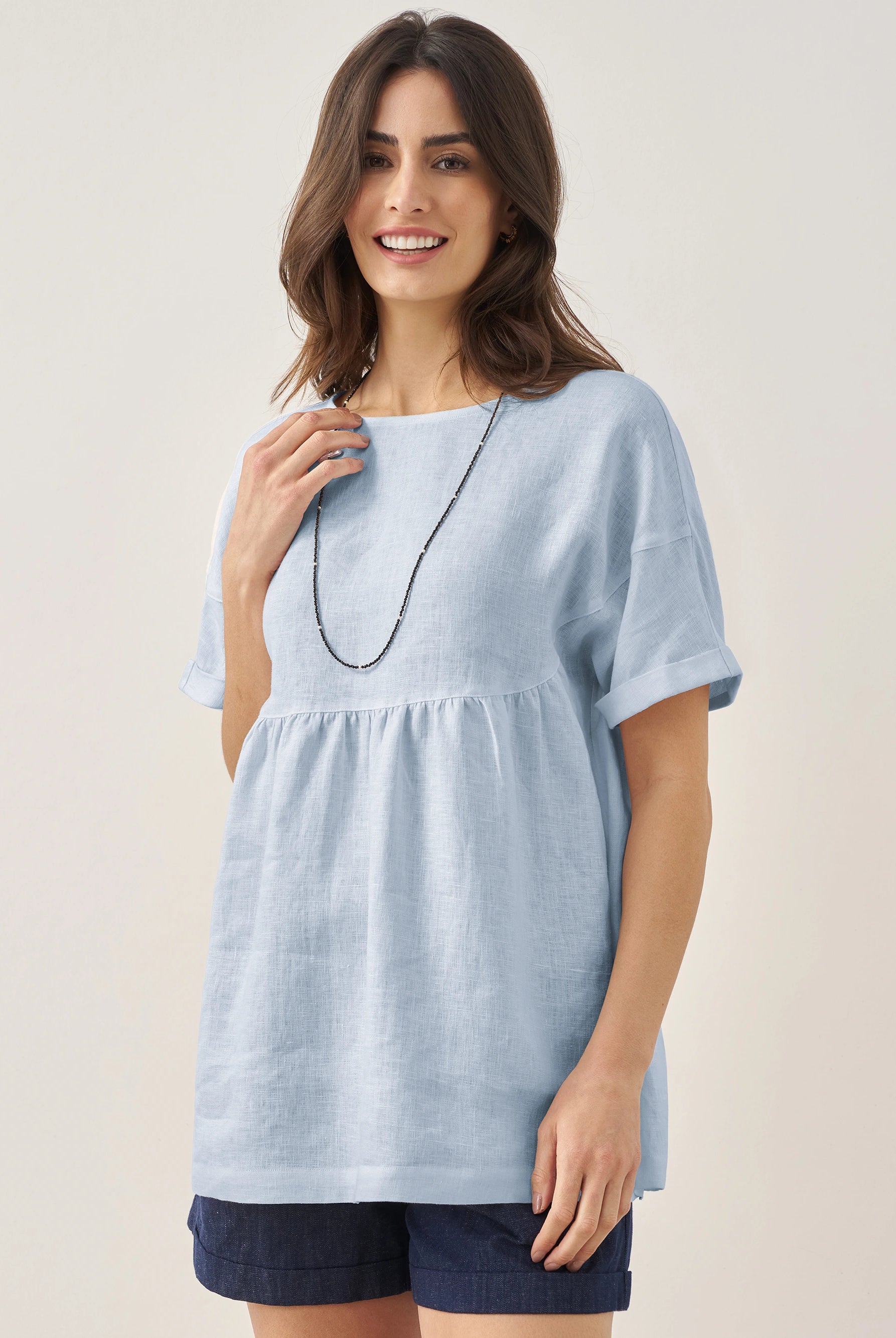 100% Linen Round Neck Pleated Pullover Top QUINLAN by LINTICO for women