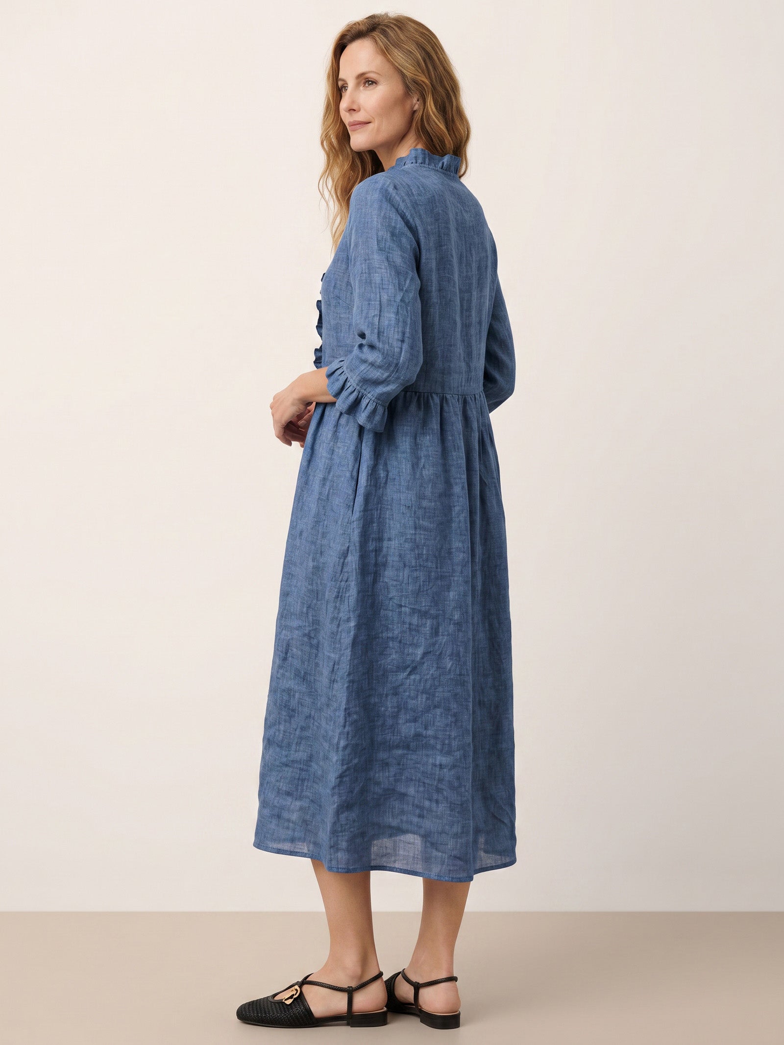 100% Linen Ruffle Placket A Line Midi Dress SAMARA by LINTICO