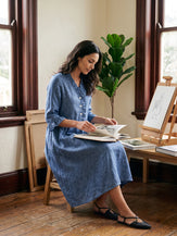 100% Linen Ruffle Placket A Line Midi Dress SAMARA by LINTICO