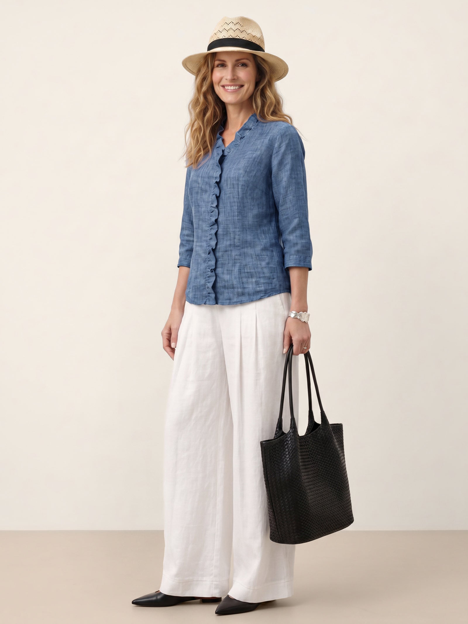 100% Linen Ruffle Placket V Neck Shirt RENATA by LINTICO
