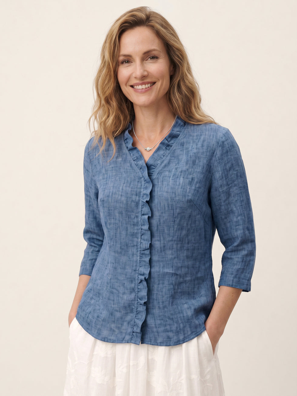 100% Linen Ruffle Placket V Neck Shirt RENATA by LINTICO