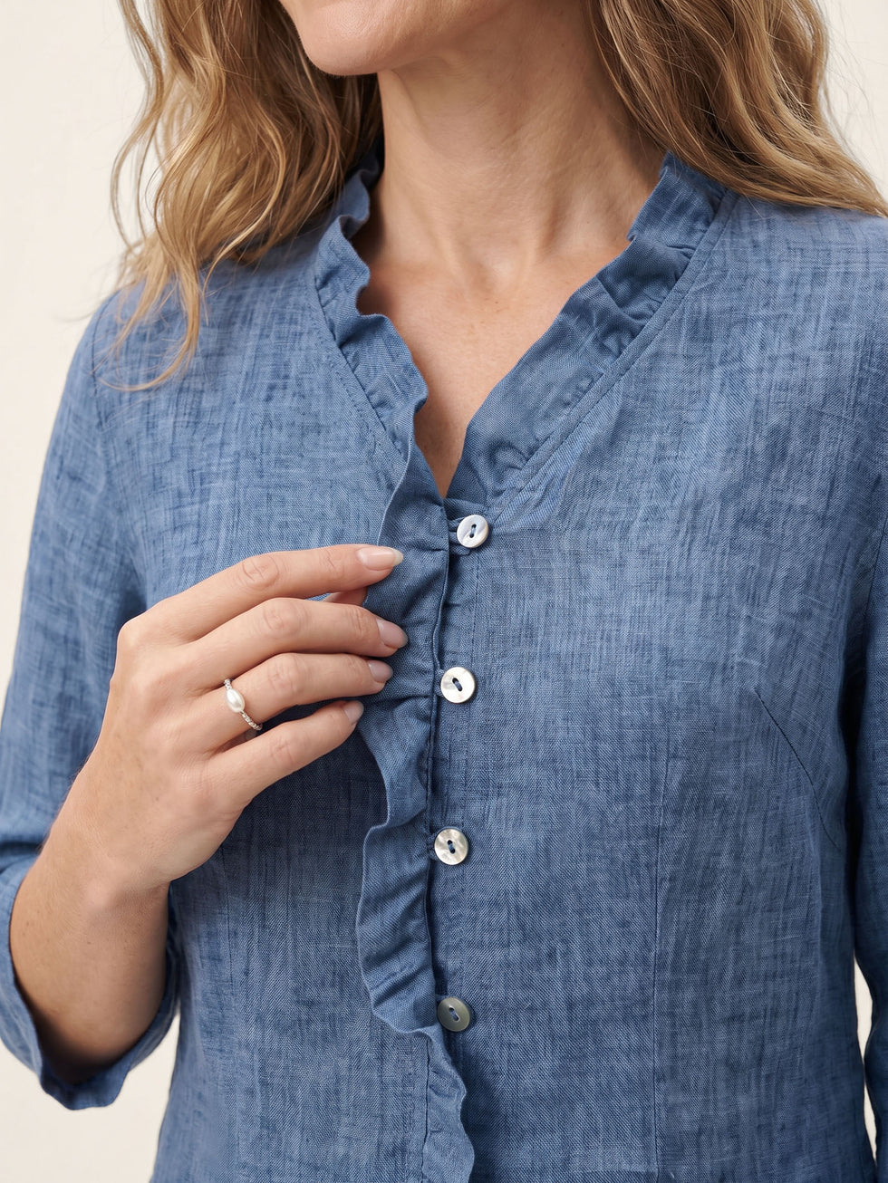 100% Linen Ruffle Placket V Neck Shirt RENATA by LINTICO