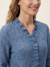 100% Linen Ruffle Placket V Neck Shirt RENATA by LINTICO