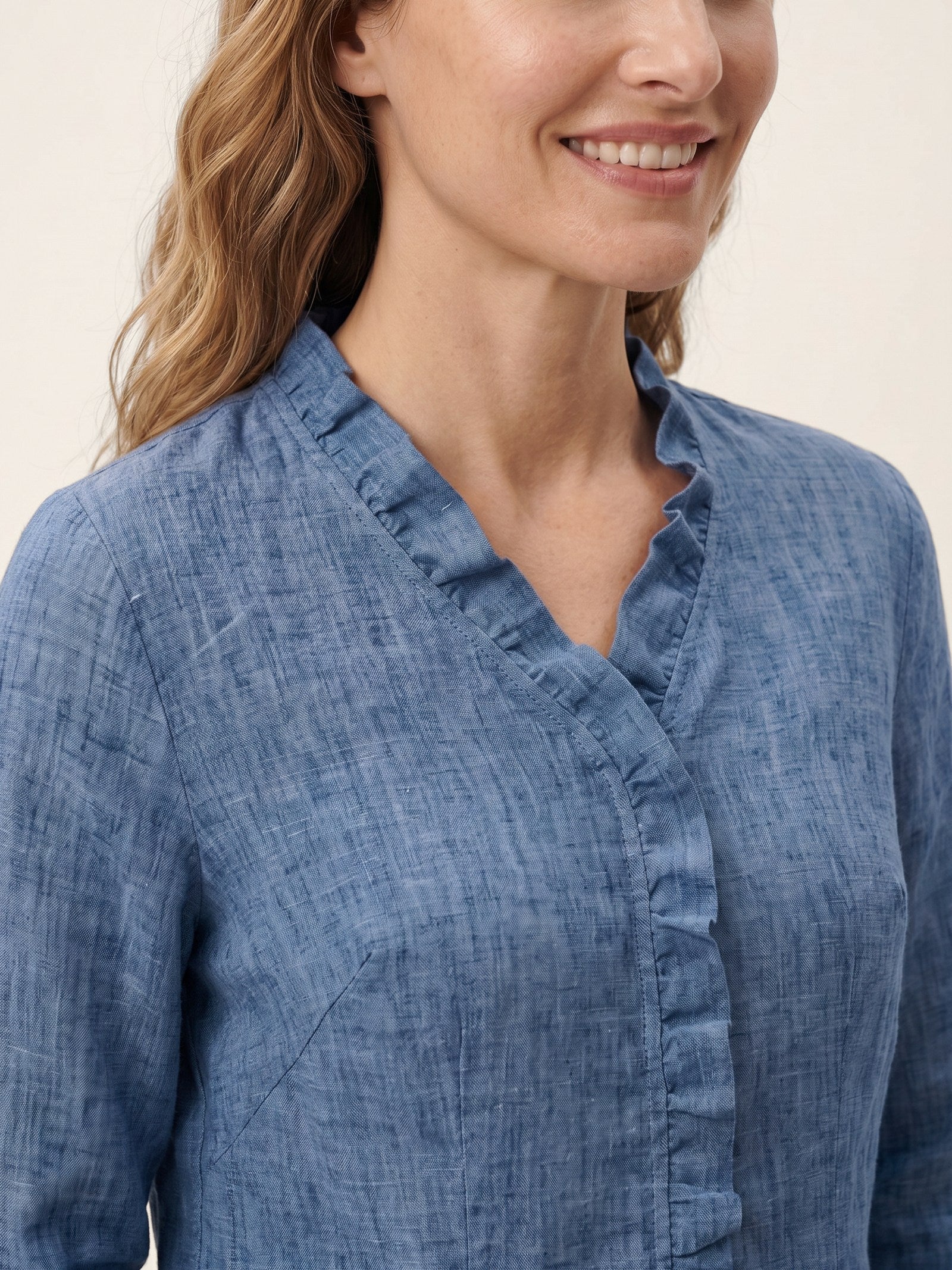 100% Linen Ruffle Placket V Neck Shirt RENATA by LINTICO