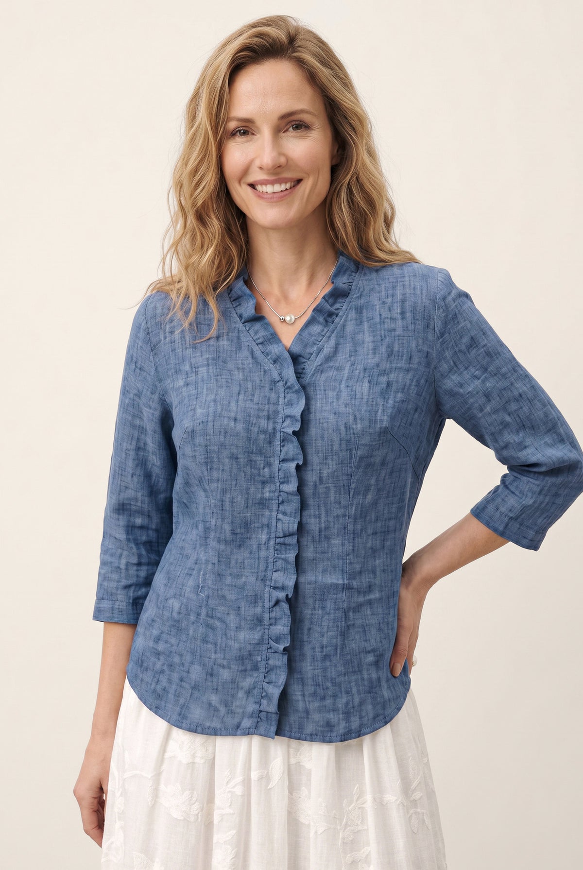 100% Linen Ruffle Placket V Neck Shirt RENATA by LINTICO