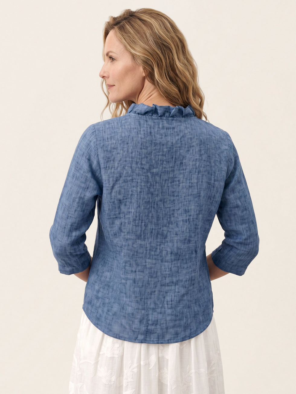 100% Linen Ruffle Placket V Neck Shirt RENATA by LINTICO