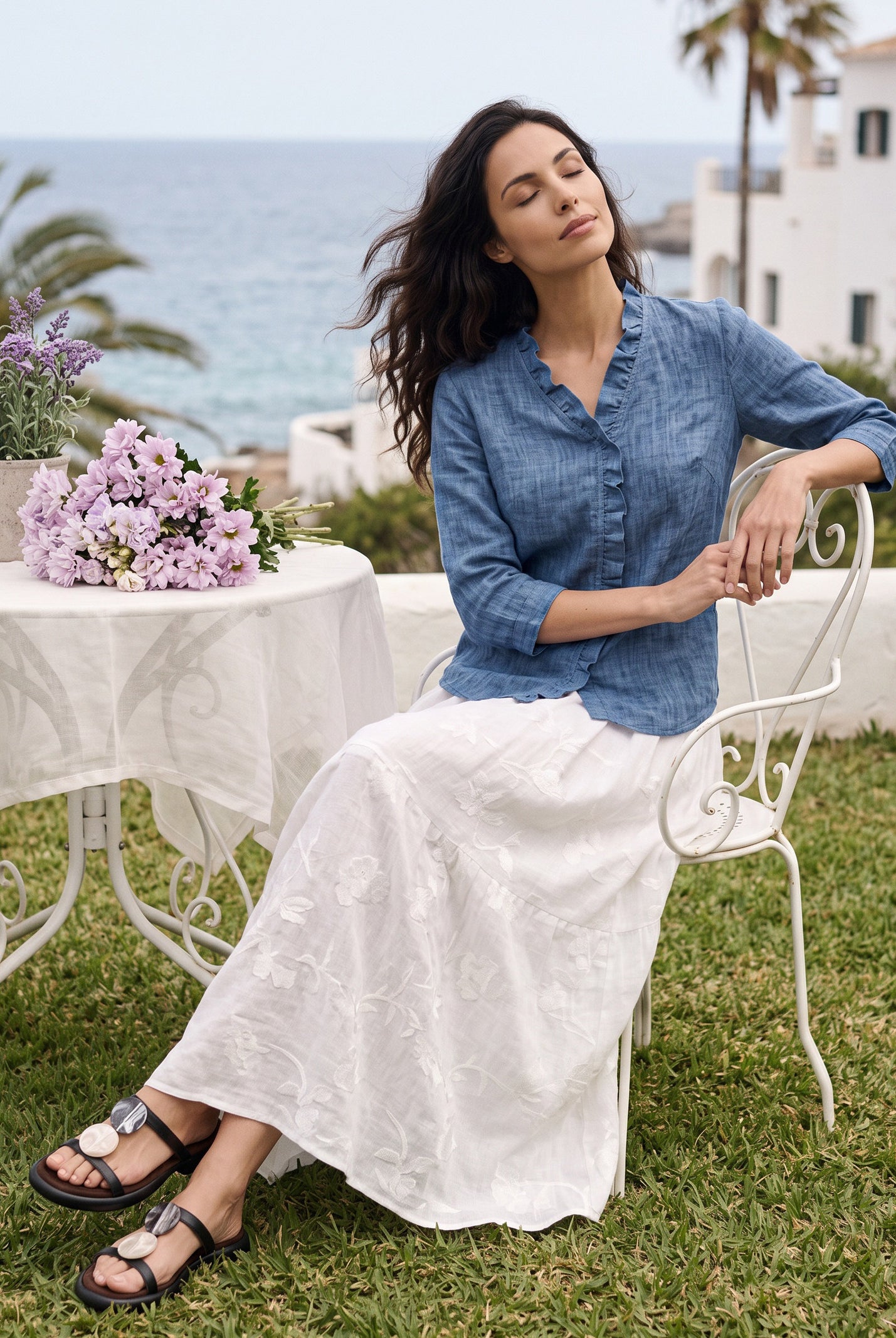 100% Linen Ruffle Placket V Neck Shirt RENATA by LINTICO