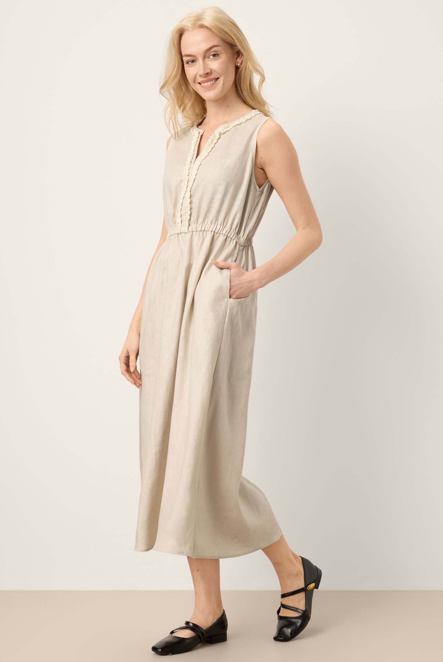 100% Linen Ruffle Trim Elasticated Waist Sleeveless Midi Dress LUCINDA by LINTICO for women