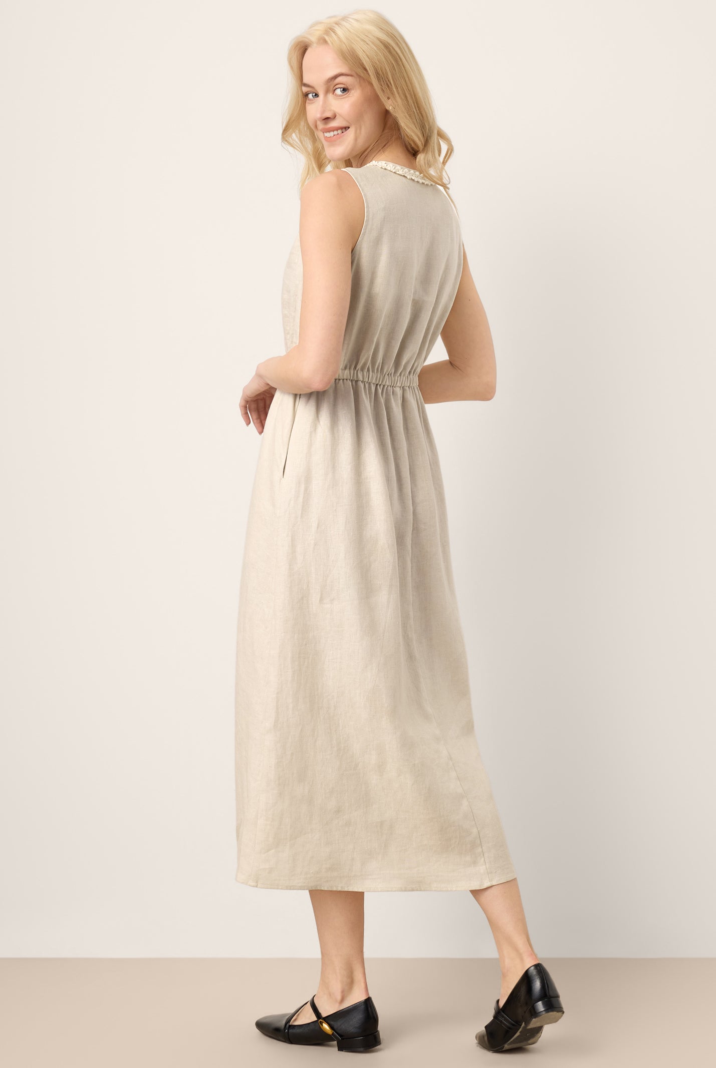 100% Linen Ruffle Trim Elasticated Waist Sleeveless Midi Dress LUCINDA by LINTICO for women
