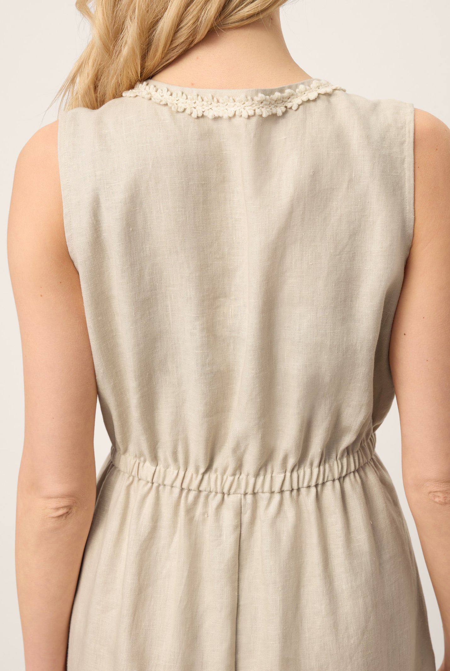 100% Linen Ruffle Trim Elasticated Waist Sleeveless Midi Dress LUCINDA by LINTICO for women
