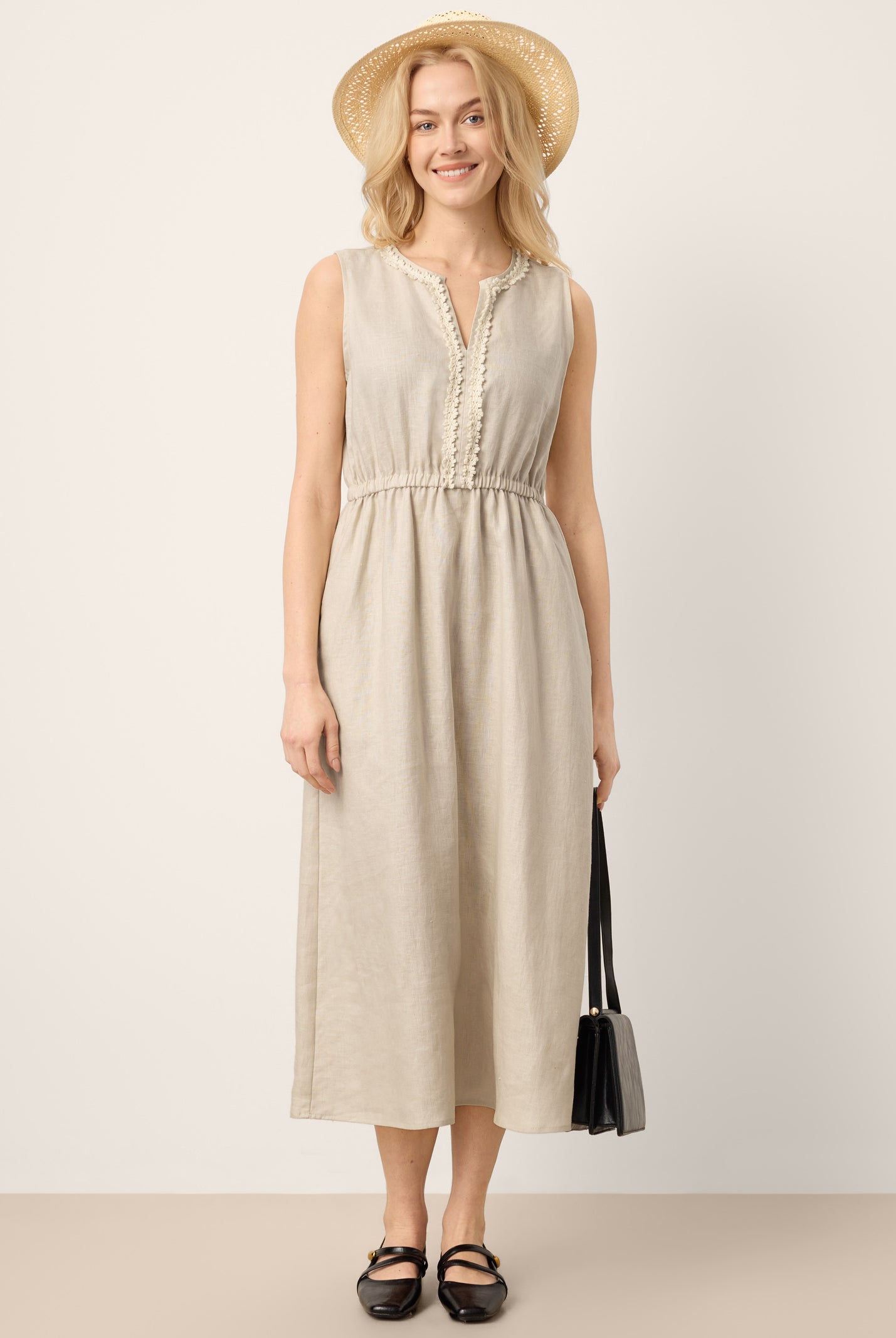 100% Linen Ruffle Trim Elasticated Waist Sleeveless Midi Dress LUCINDA by LINTICO for women