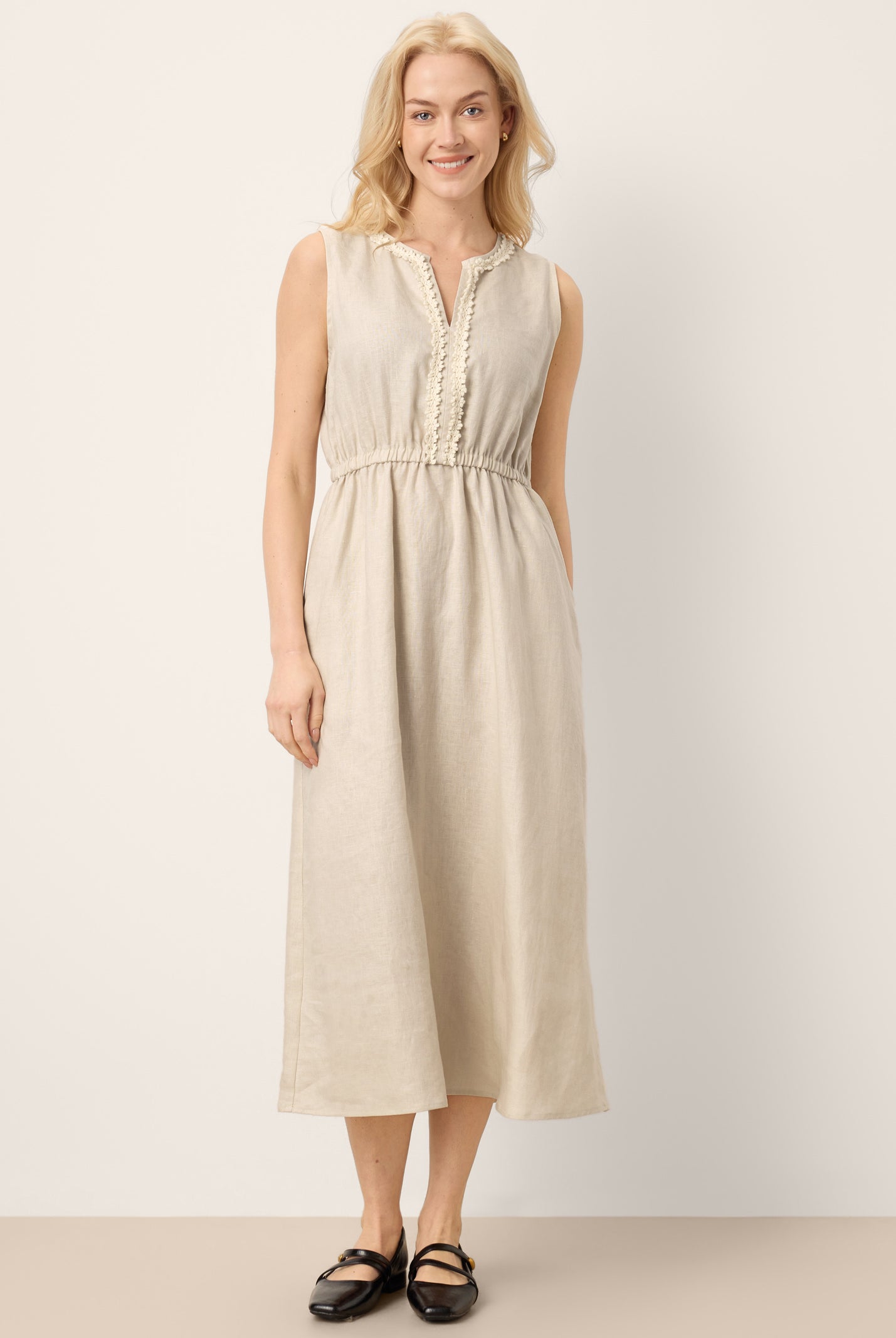 100% Linen Ruffle Trim Elasticated Waist Sleeveless Midi Dress LUCINDA by LINTICO for women