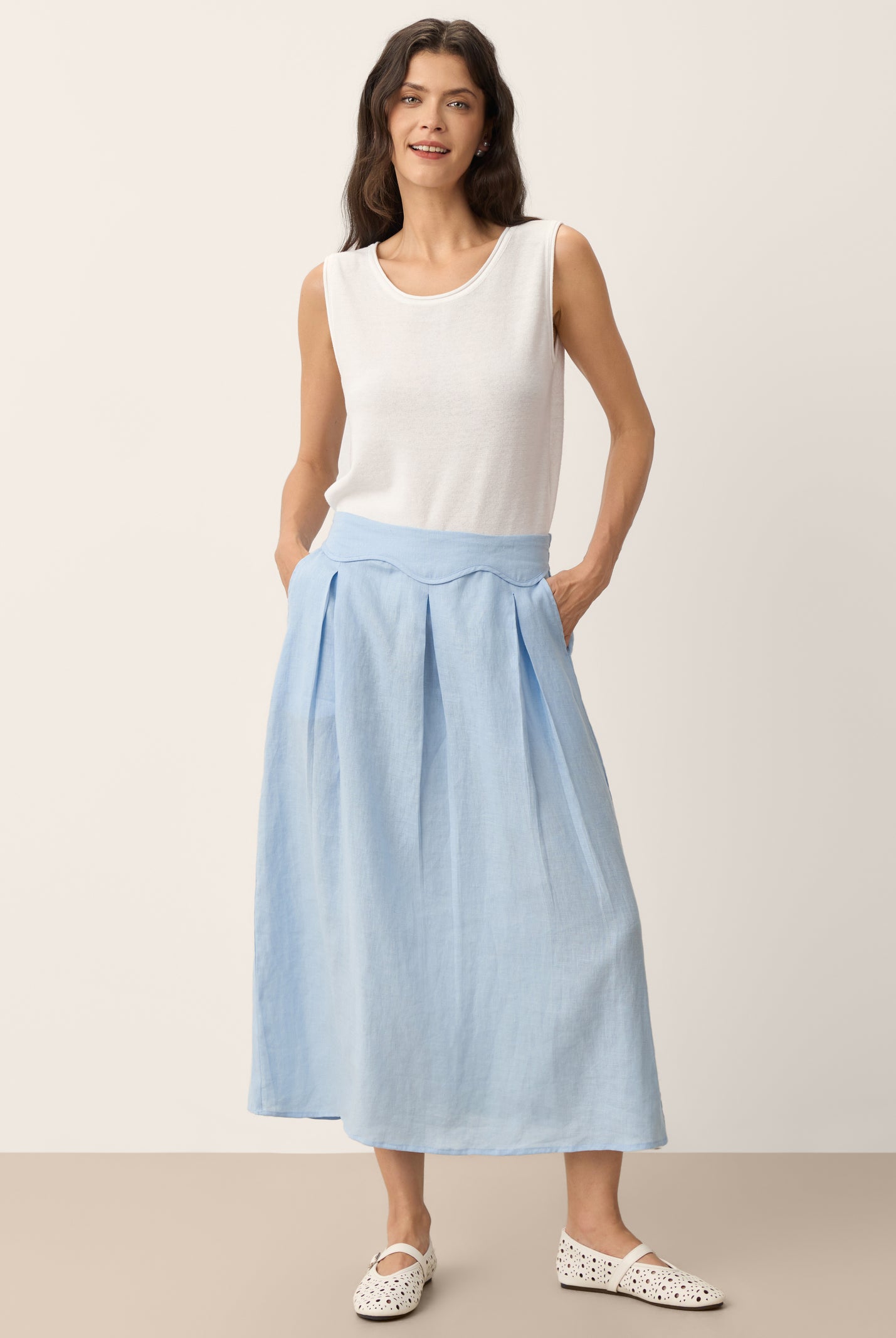 100% Linen Scalloped Waist Elasticated Back A-Line Skirt BRISEIS by LINTICO for women