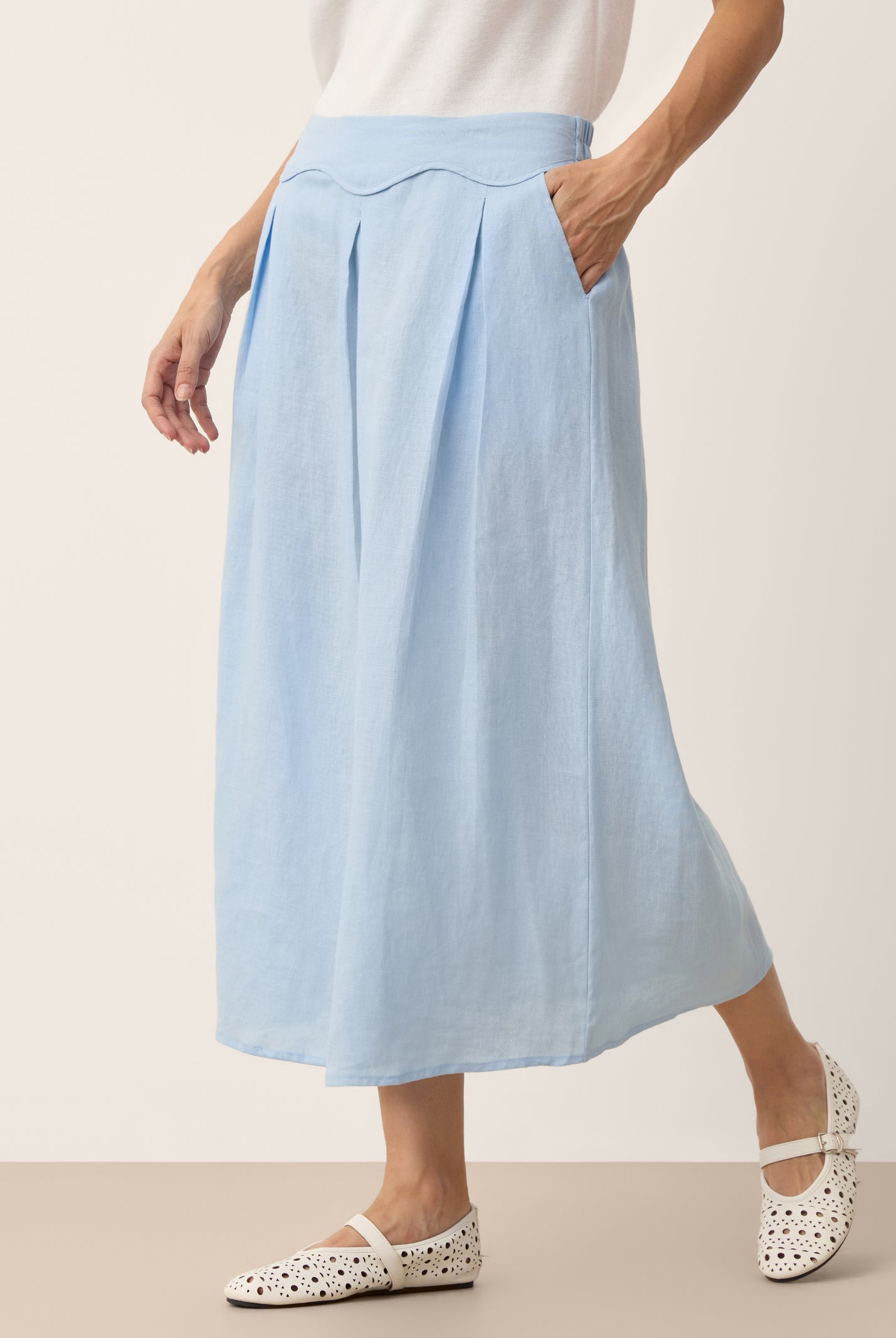 100% Linen Scalloped Waist Elasticated Back A-Line Skirt BRISEIS by LINTICO for women