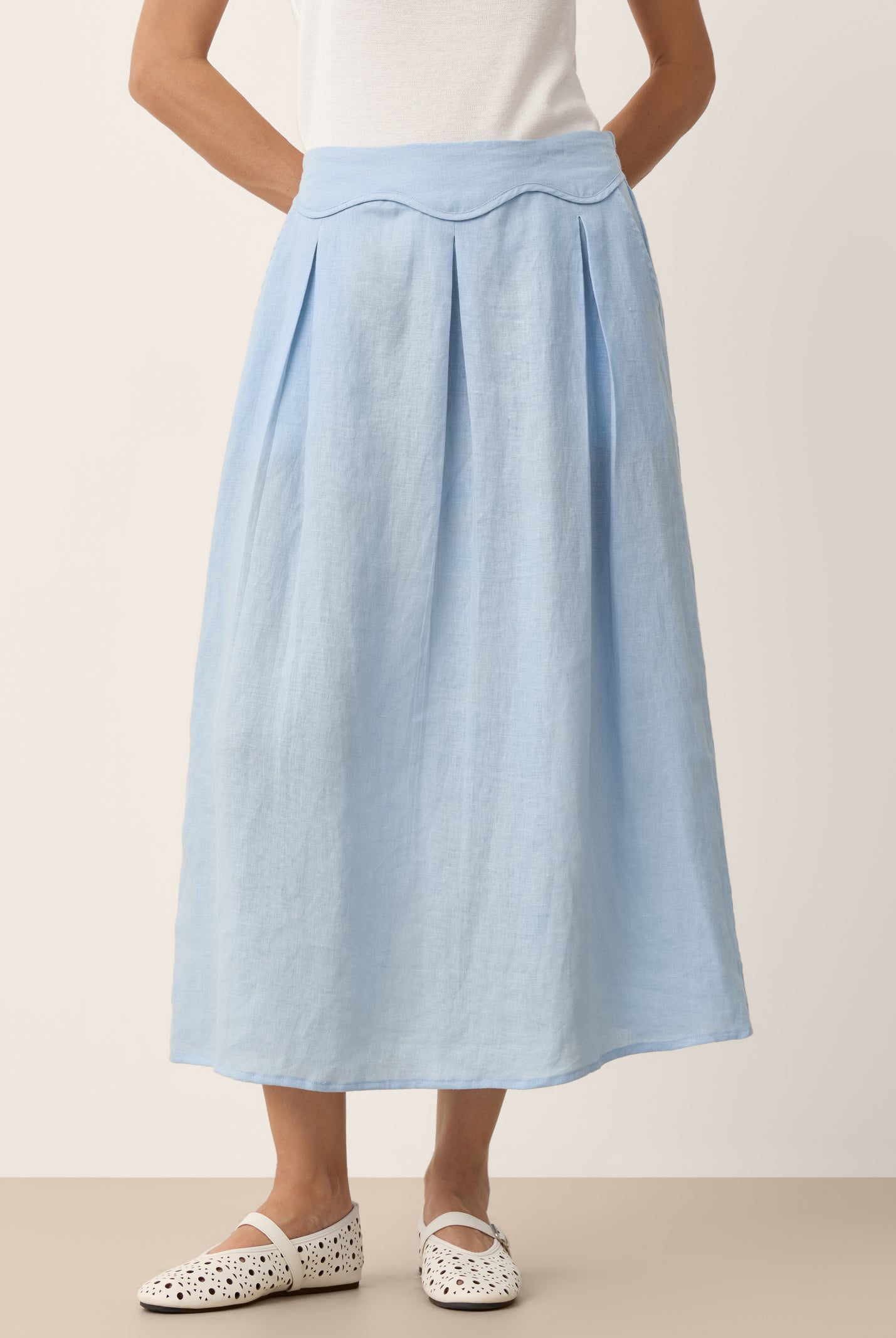 100% Linen Scalloped Waist Elasticated Back A-Line Skirt BRISEIS by LINTICO for women