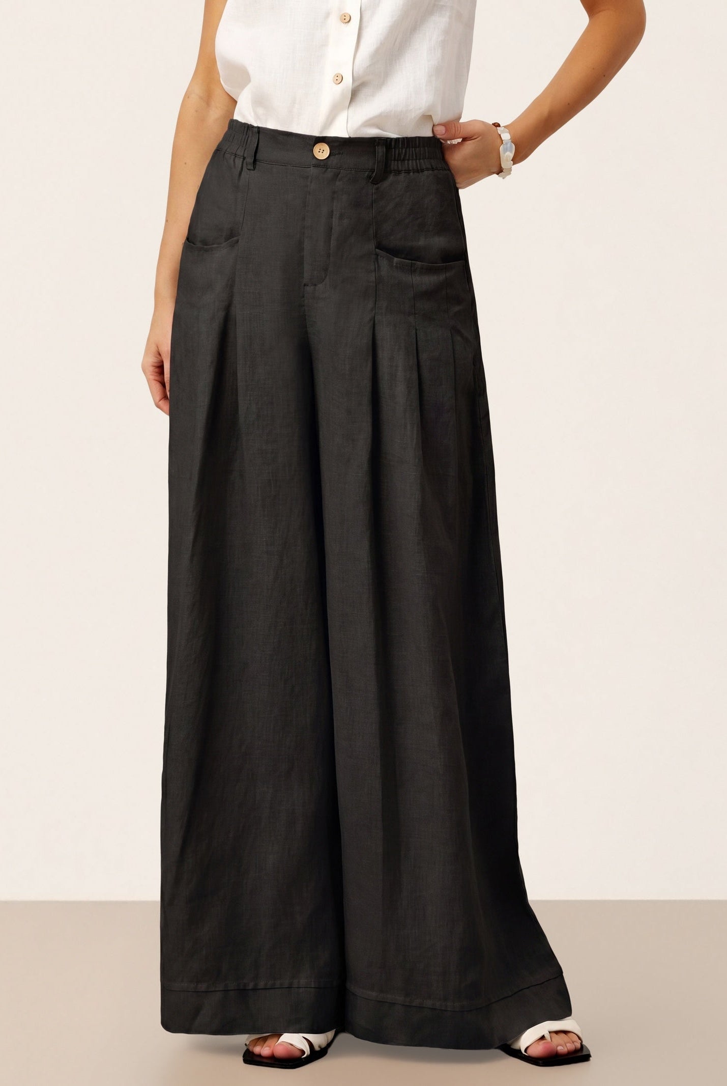 100% Linen Sculpted Pleat Elasticated Back Relaxed Pants VERIDIANA by LINTICO for women