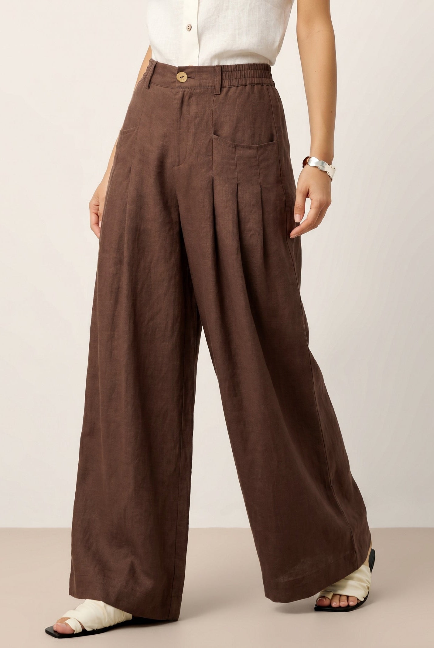 100% Linen Sculpted Pleat Elasticated Back Relaxed Pants VERIDIANA by LINTICO for women