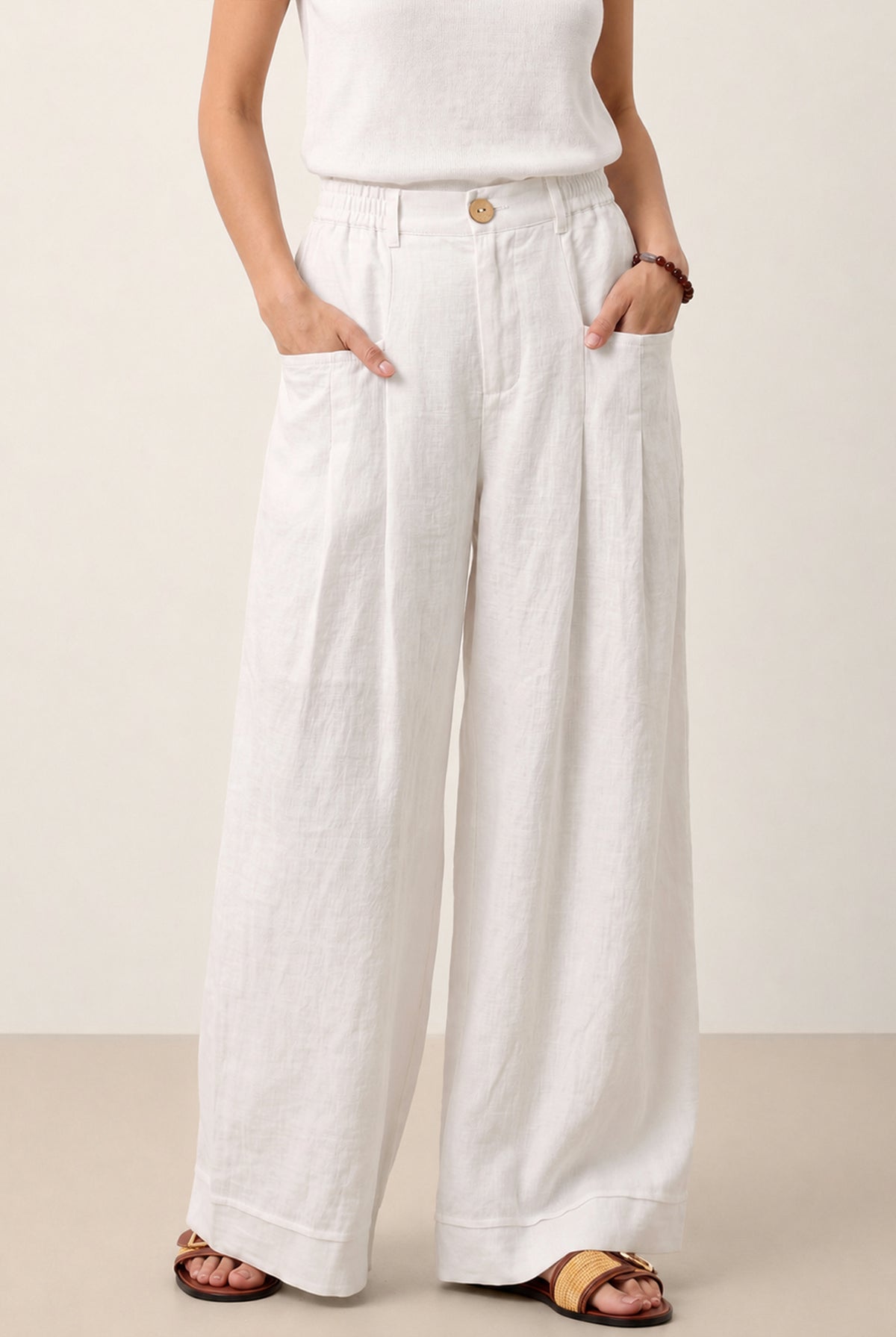 Optic White 100% Linen Sculpted Pleat Elasticated Back Relaxed Pants VERIDIANA by LINTICO
