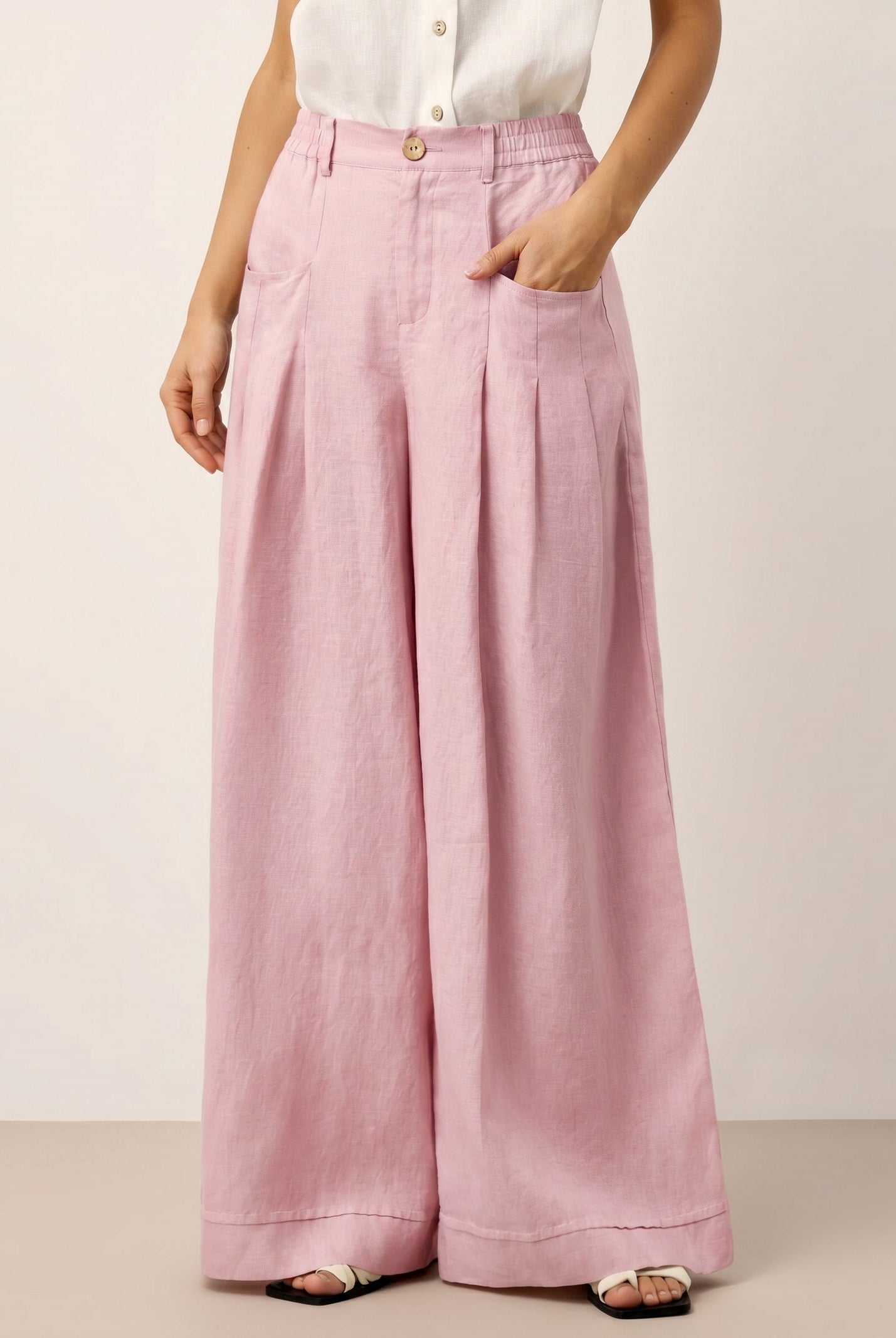 100% Linen Sculpted Pleat Elasticated Back Relaxed Pants VERIDIANA by LINTICO for women