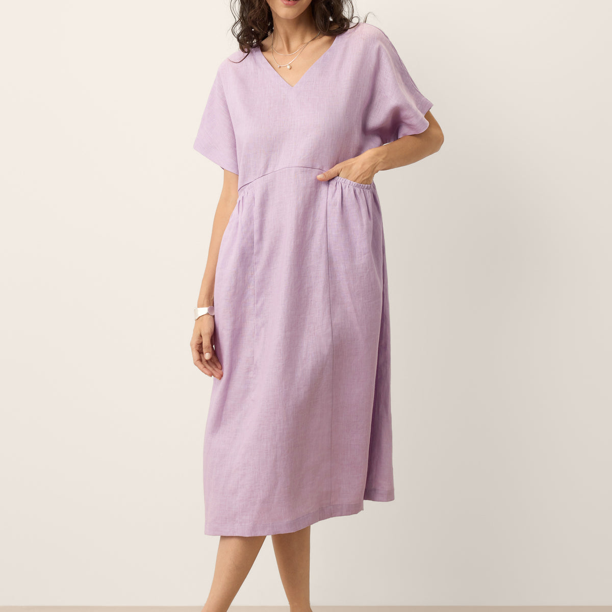 100% Linen Sculpted Waist Batwing Midi Dress TIVIA – LINTICO