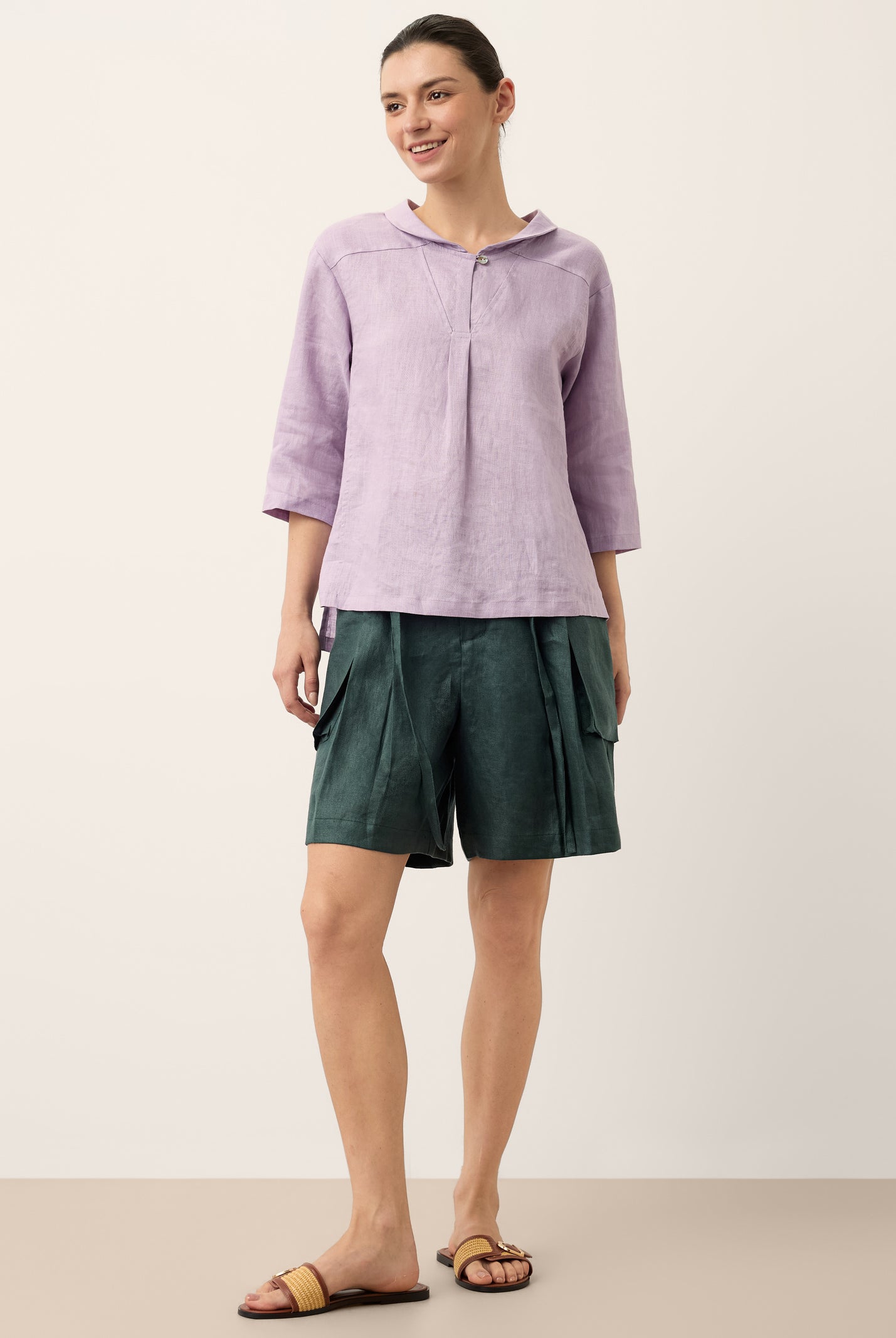 100% Linen Shawl V-Neck Half Sleeve Top JADE by LINTICO for women