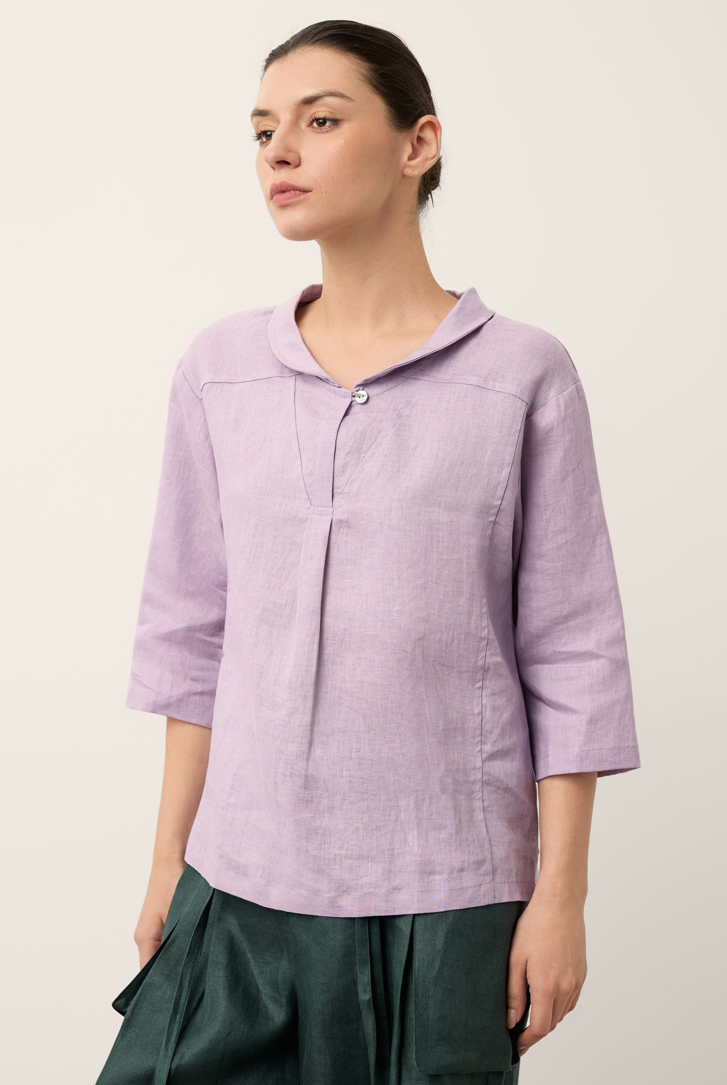 100% Linen Shawl V-Neck Half Sleeve Top JADE by LINTICO for women