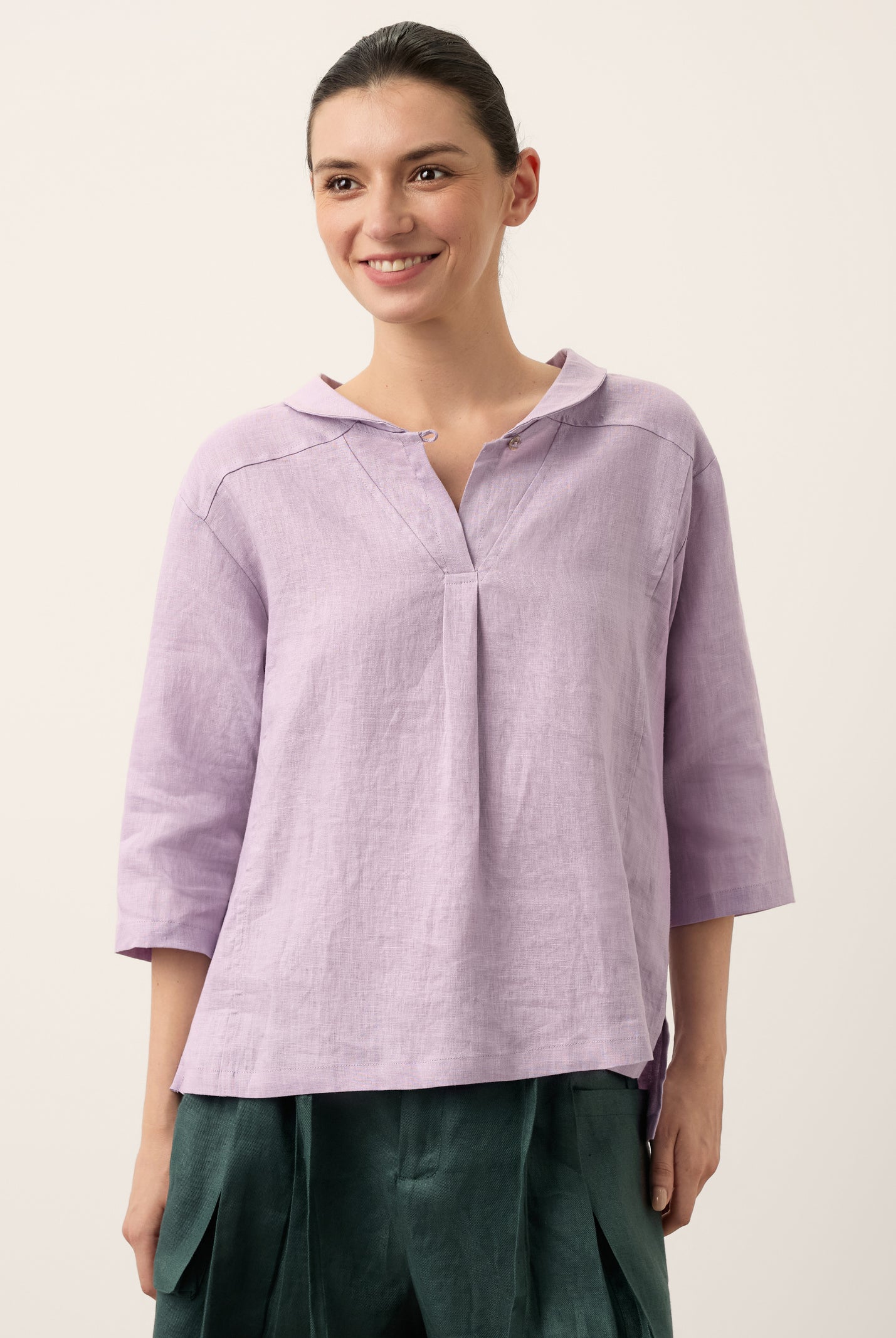100% Linen Shawl V-Neck Half Sleeve Top JADE by LINTICO for women