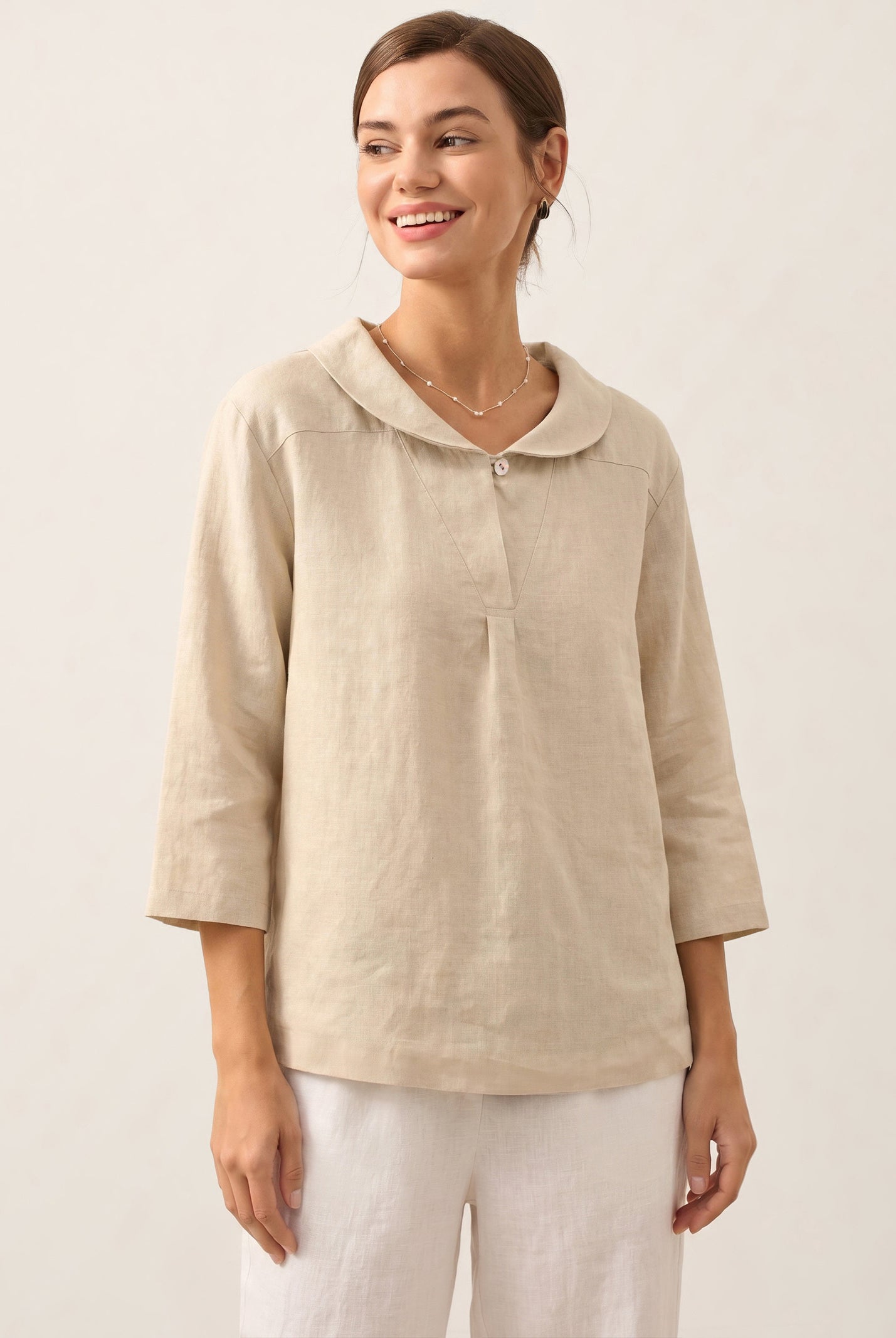 100% Linen Shawl V-Neck Half Sleeve Top JADE by LINTICO for women