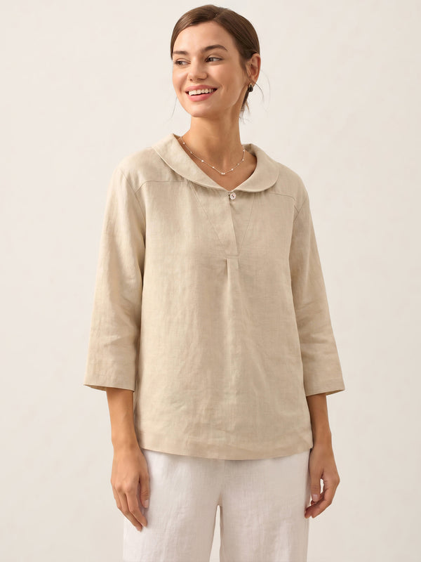 100% Linen Shawl V-Neck Half Sleeve Top JADE by LINTICO for women