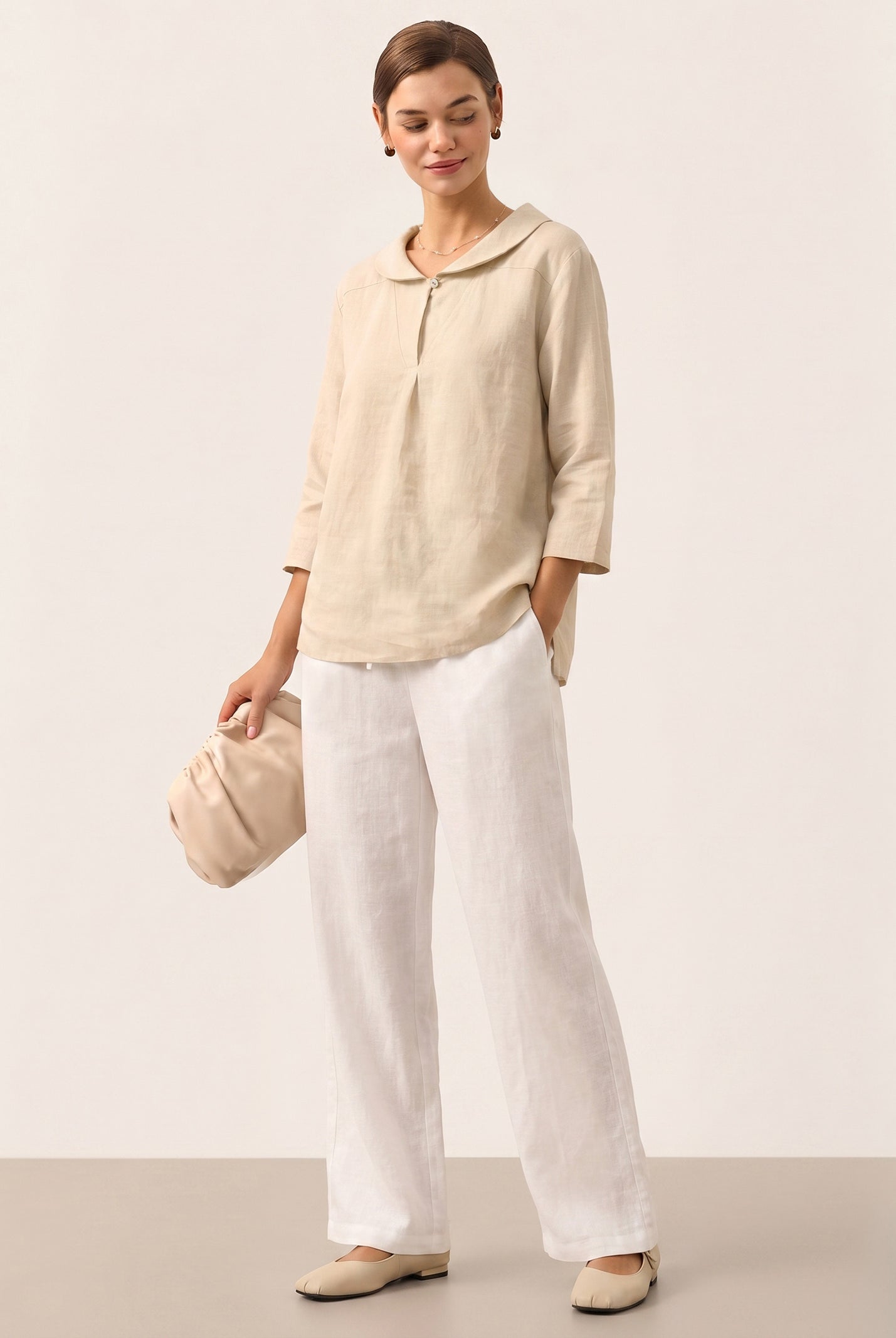 100% Linen Shawl V-Neck Half Sleeve Top JADE by LINTICO for women