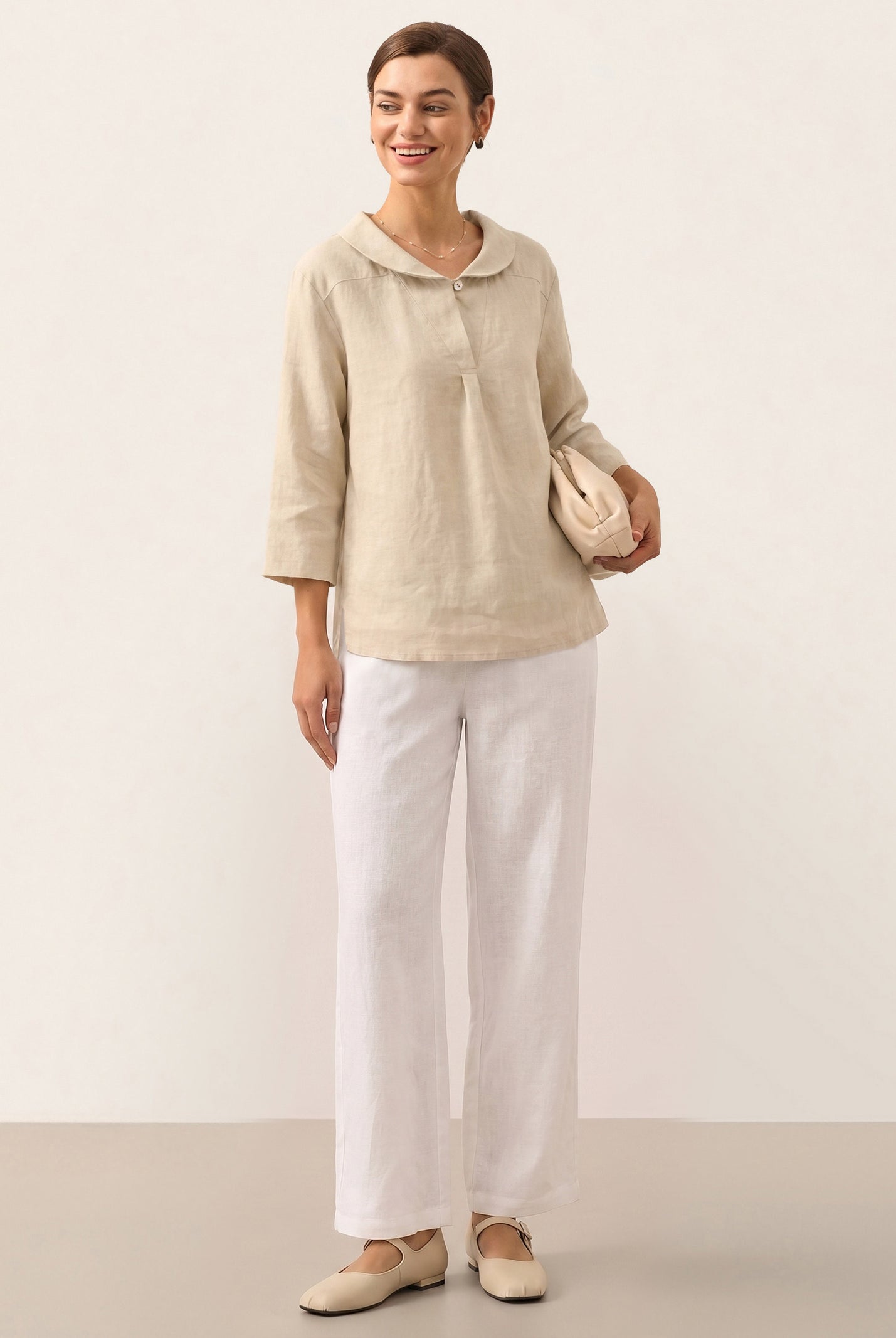 100% Linen Shawl V-Neck Half Sleeve Top JADE by LINTICO for women
