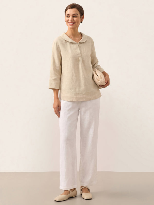 100% Linen Shawl V-Neck Half Sleeve Top JADE by LINTICO for women