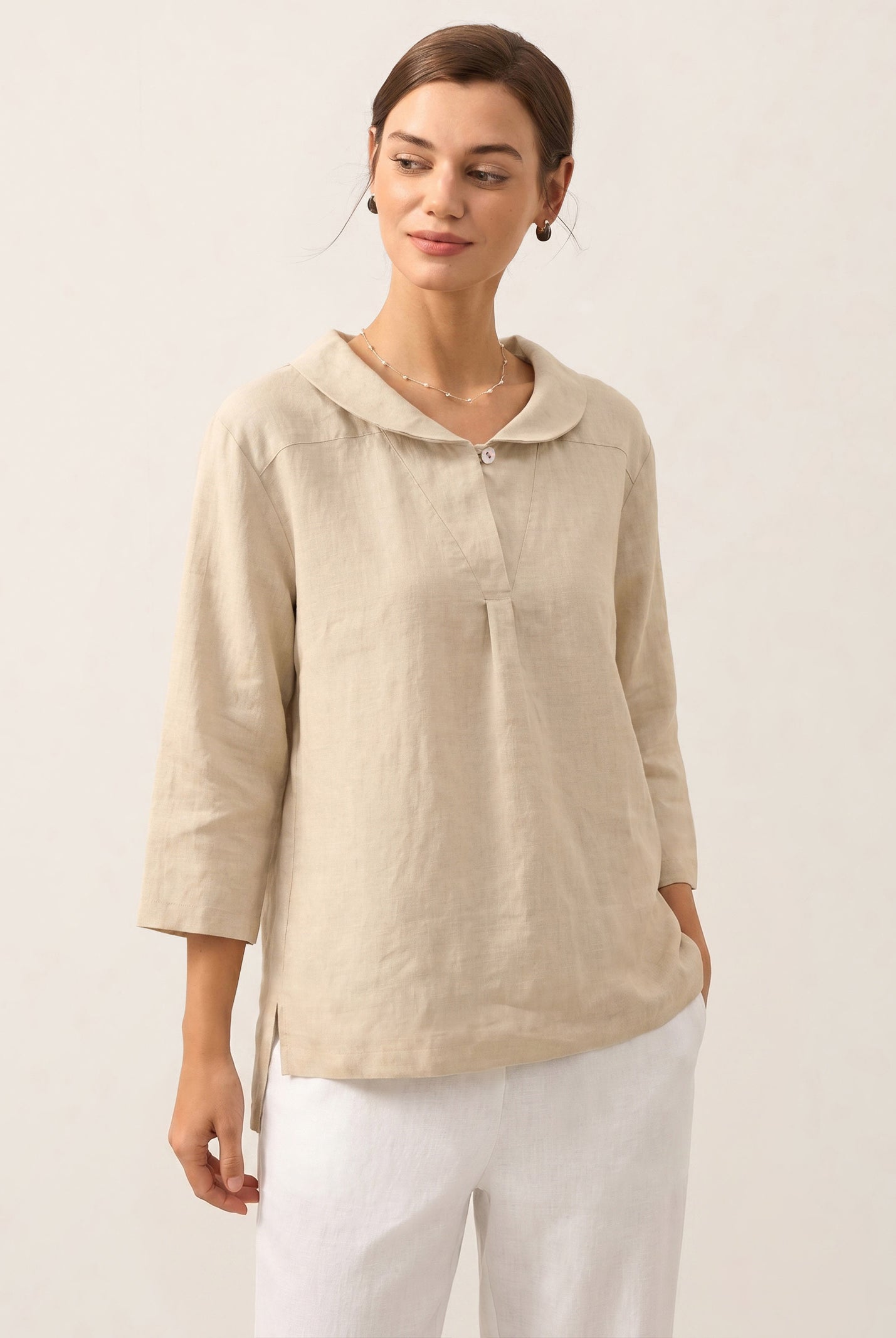 100% Linen Shawl V-Neck Half Sleeve Top JADE by LINTICO for women