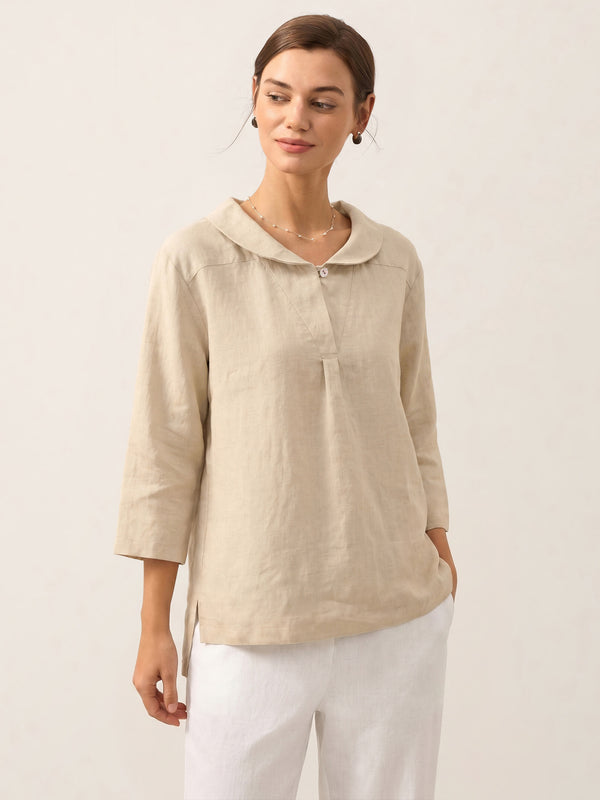 100% Linen Shawl V-Neck Half Sleeve Top JADE by LINTICO for women