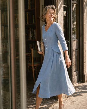 100% Linen Shell Button A Line Midi Dress ELIORA by LINTICO