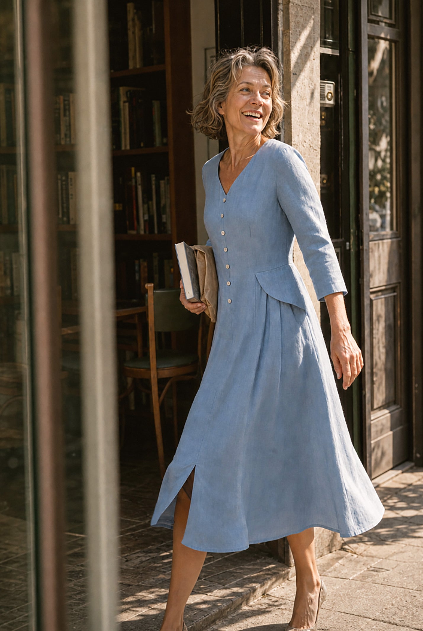 100% Linen Shell Button A Line Midi Dress ELIORA by LINTICO