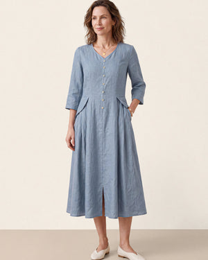Blue 100% Linen Shell Button A Line Midi Dress ELIORA by LINTICO
