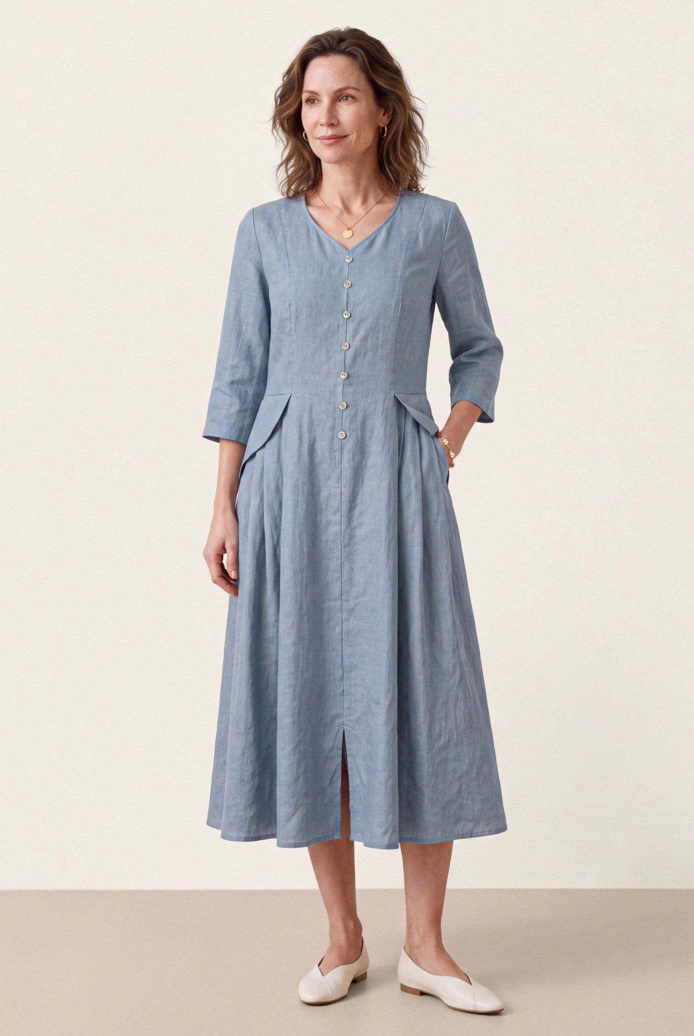 Blue 100% Linen Shell Button A Line Midi Dress ELIORA by LINTICO