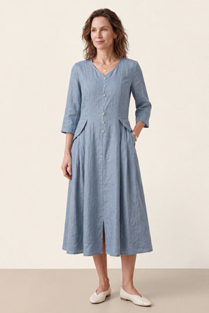 Blue 100% Linen Shell Button A Line Midi Dress ELIORA by LINTICO