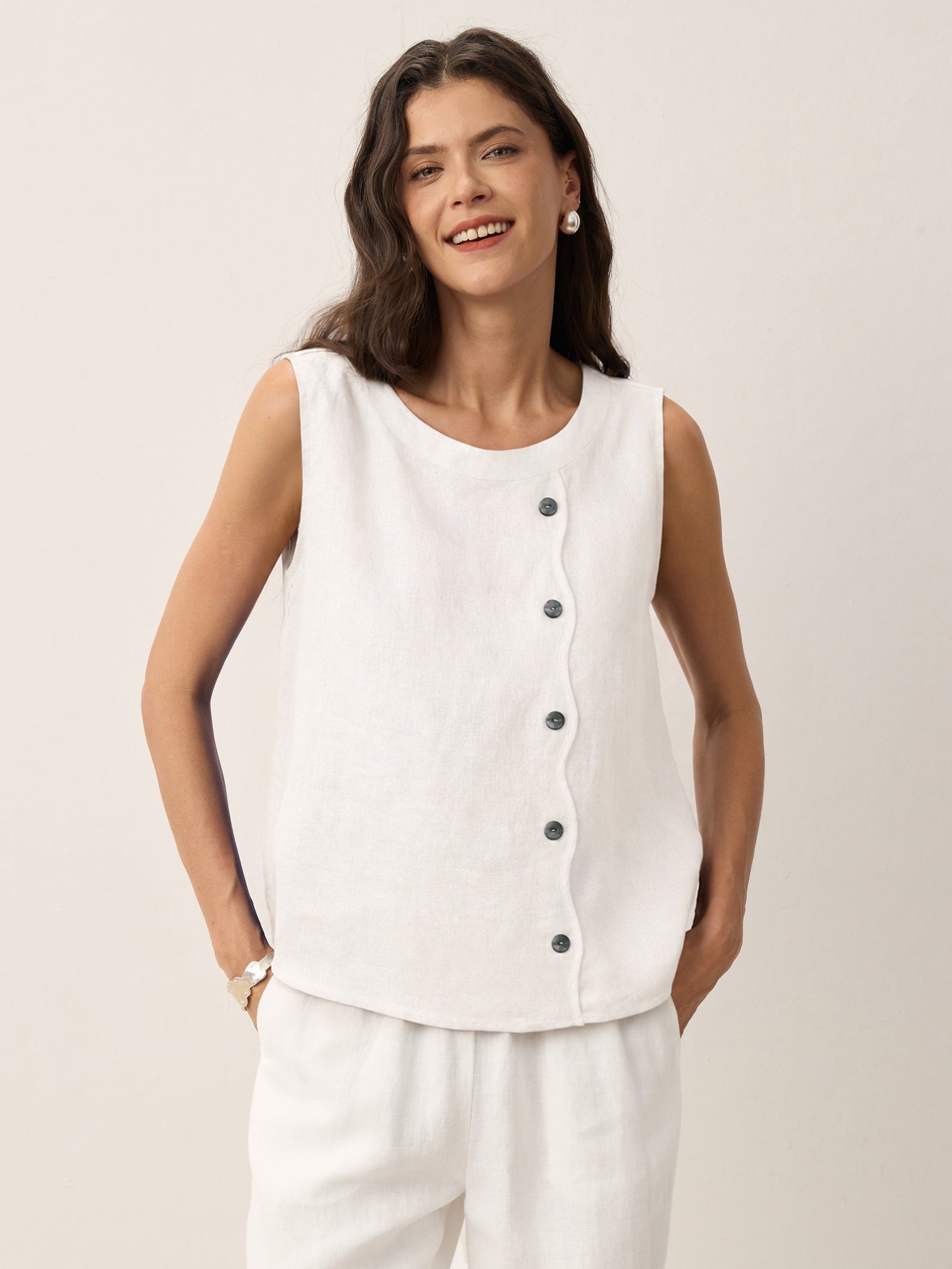 100% Linen Shell Button Detail Sleeveless Top GALATEA by LINTICO for women