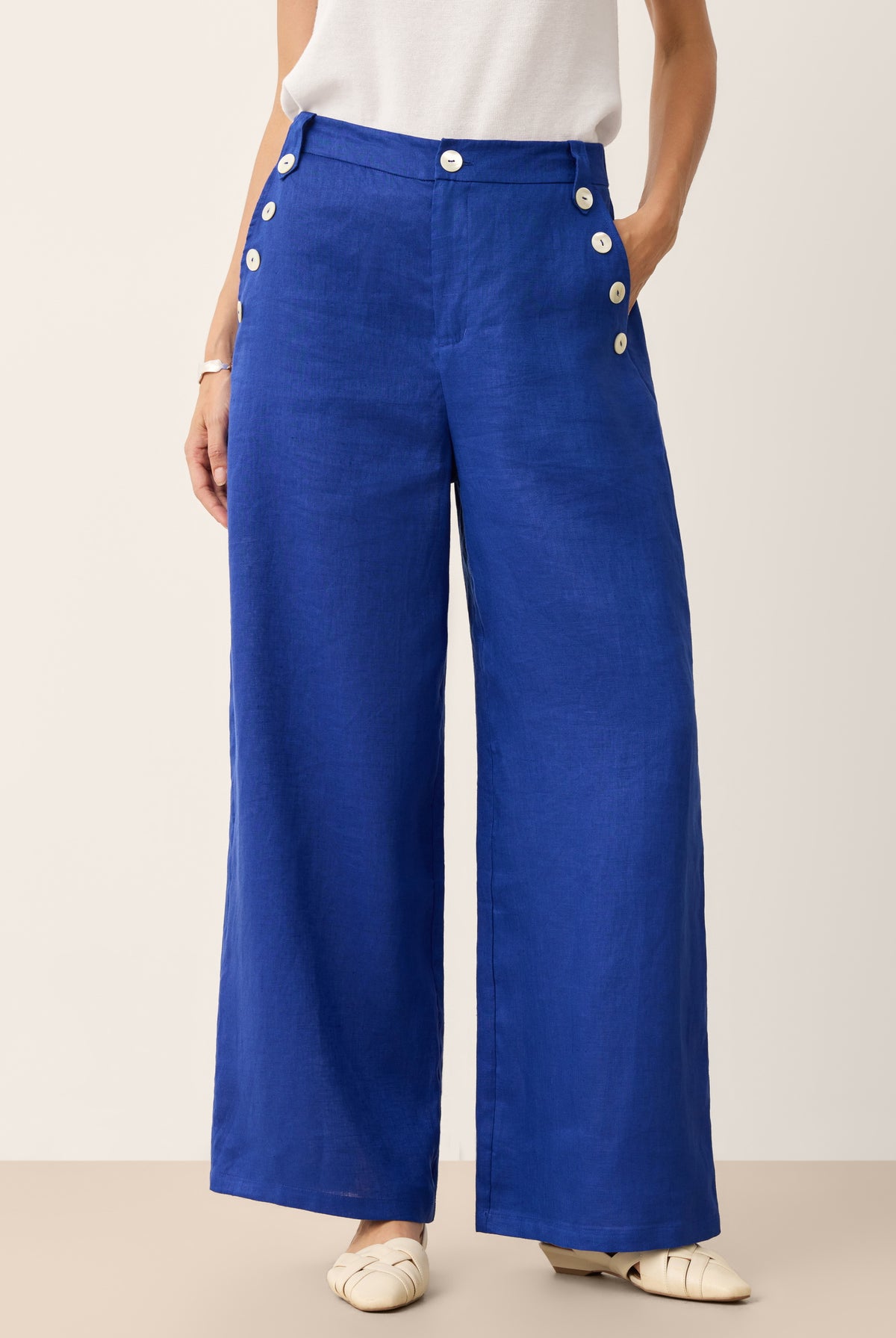 100% Linen Shell Button Elasticated Back Wide-Leg Pants IONE by LINTICO for women