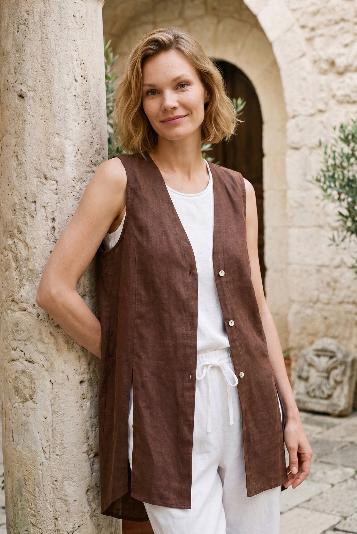 100% Linen Shell Button Slit Overtop DOMINIQUE by LINTICO for women