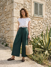 100% Linen Side Tie Elasticated Waist Wide Leg Cropped Pants CAMILLA by LINTICO for women
