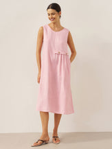 100% Linen Sleeveless Accordion Pleat Midi Dress TINA by LINTICO for women