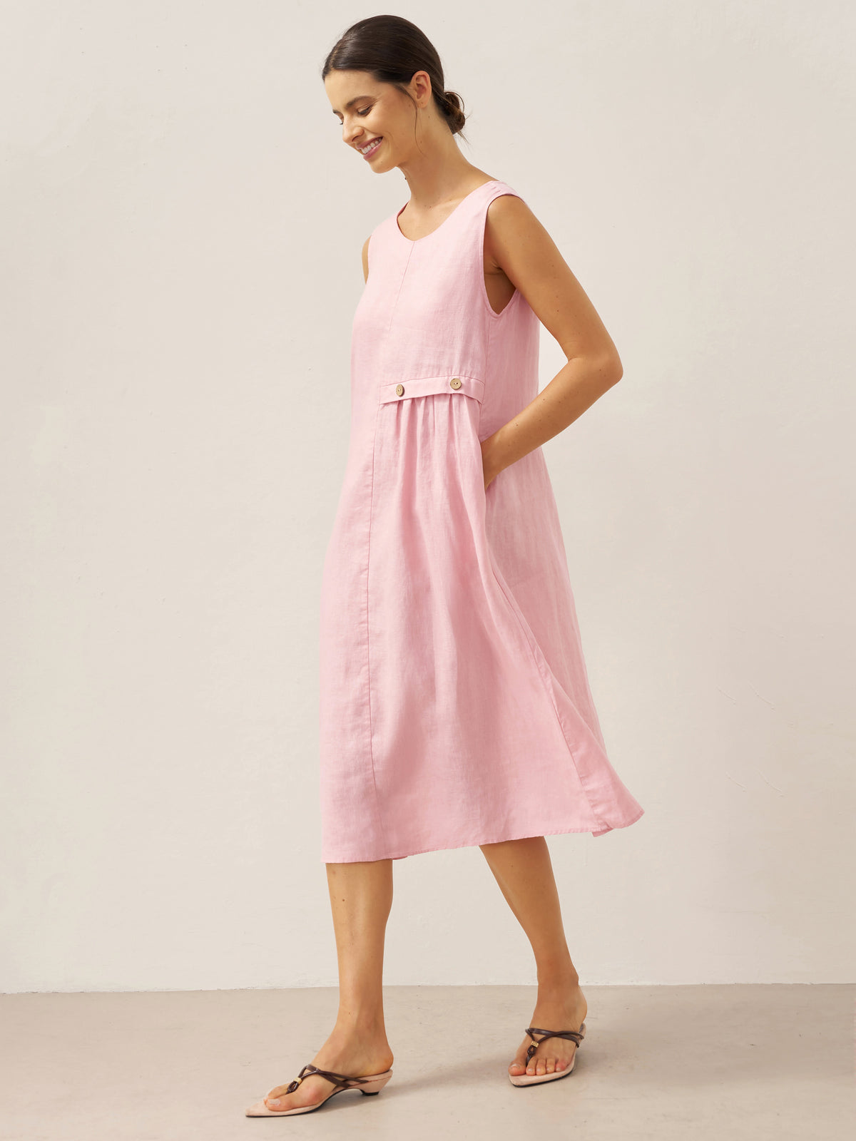 100% Linen Sleeveless Accordion Pleat Midi Dress TINA by LINTICO for women