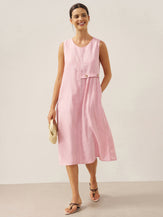 100% Linen Sleeveless Accordion Pleat Midi Dress TINA by LINTICO for women